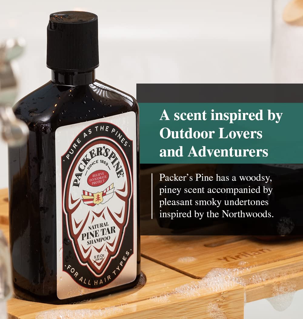 Packer's Pine in shower scene conveying refreshing woodsy scent and use
