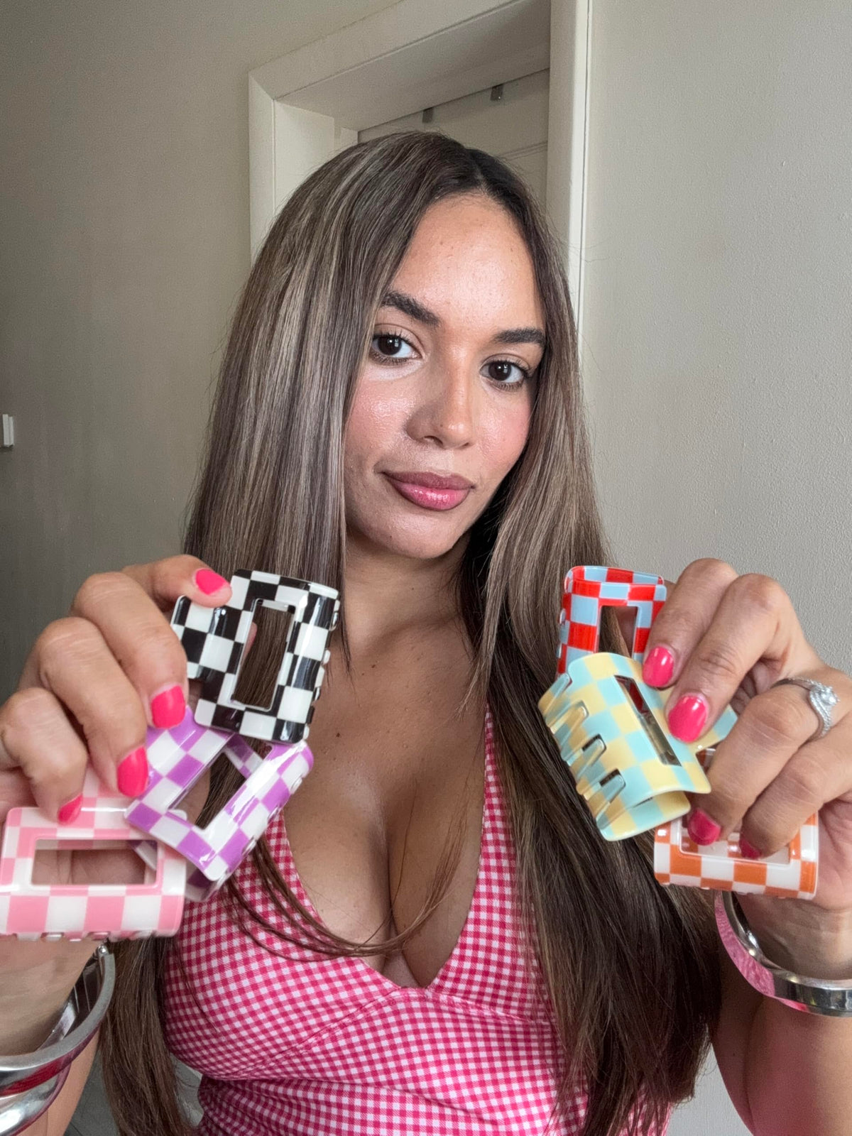 Paderison pink-white and black-white clips paired to mix-and-match outfits