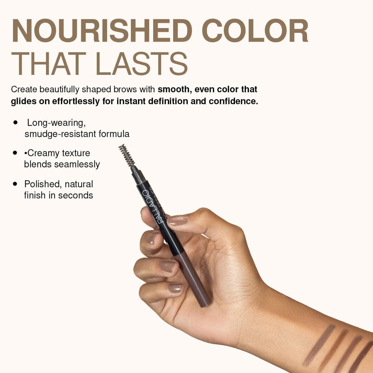 Palladio taupe swatches on skin showing buildable neutral pigmentation