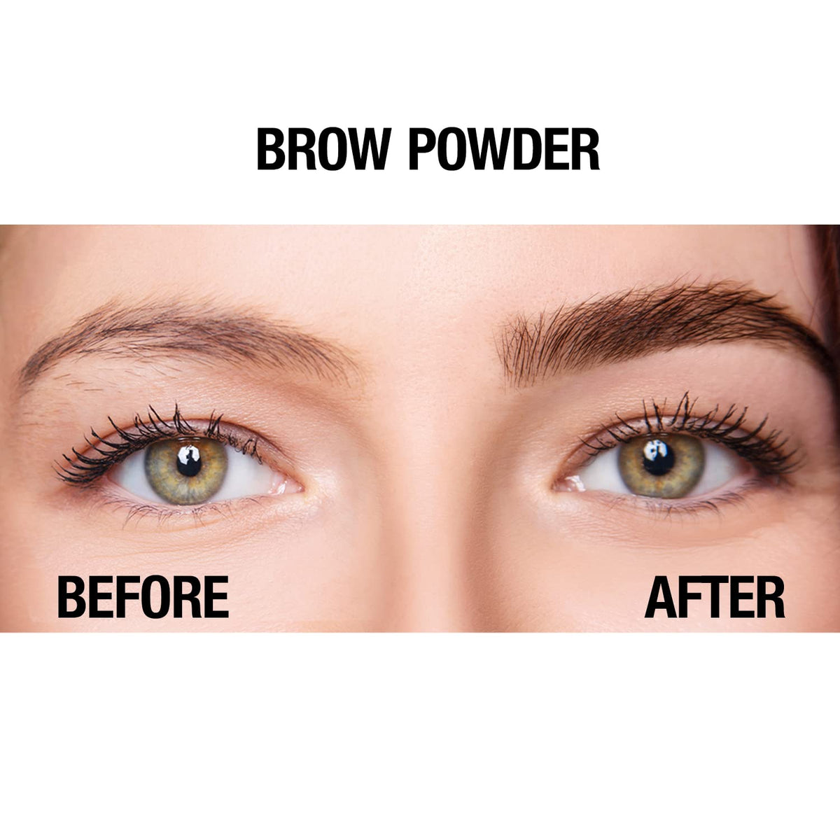 Model applying Palladio brow powder in mirror for soft natural brows