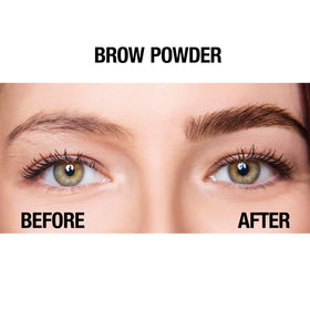 Model applying Palladio brow powder in mirror for soft natural brows