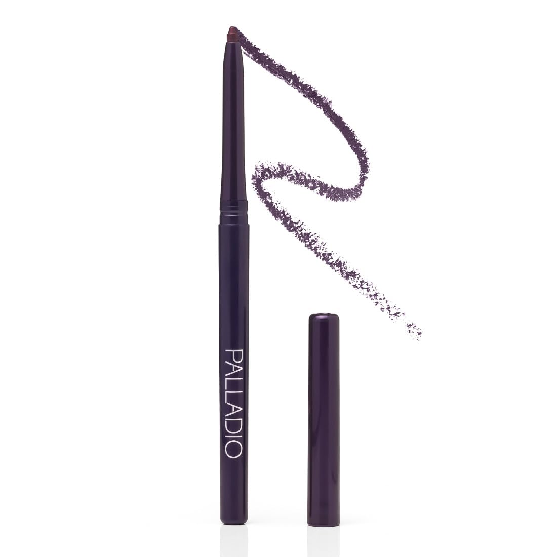 Palladio retractable eyeliner front view showing sleek plum shade and packaging benefit