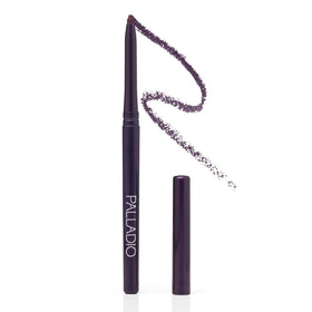 Palladio retractable eyeliner front view showing sleek plum shade and packaging benefit