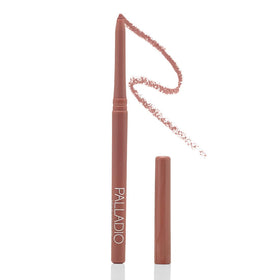 Palladio front packaging showing slim twist-up pencil and shade Nearly Nude preventing smudges