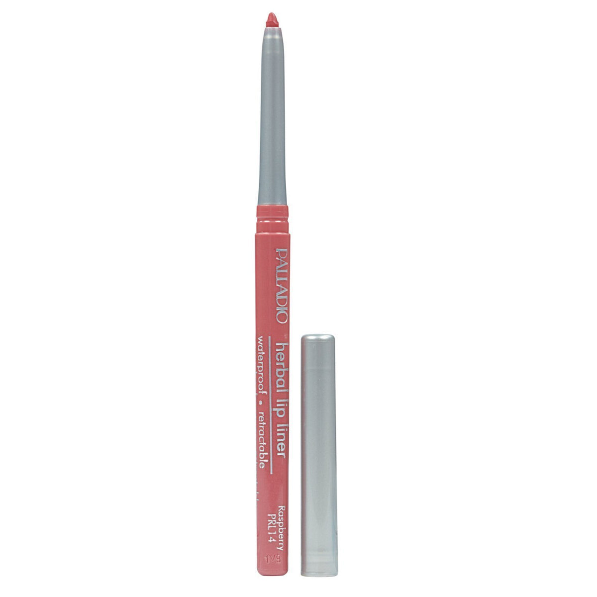 Palladio retractable lip liner front packaging in Raspberry showing slim twist-up design and precision