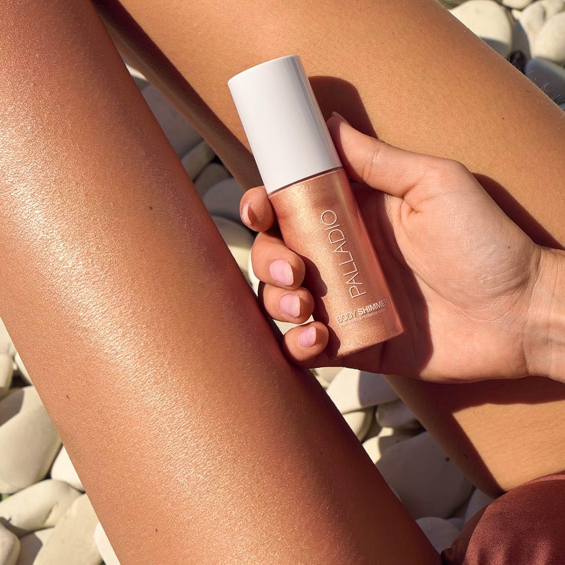 Palladio applied on shoulders and collarbone enhancing natural radiance