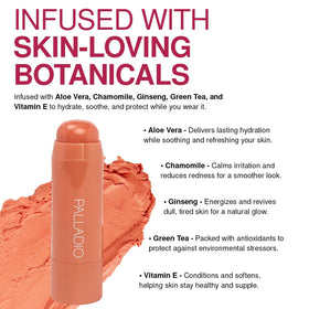 Palladio applying peach tint to cheeks demonstrating quick fingertip blending benefit