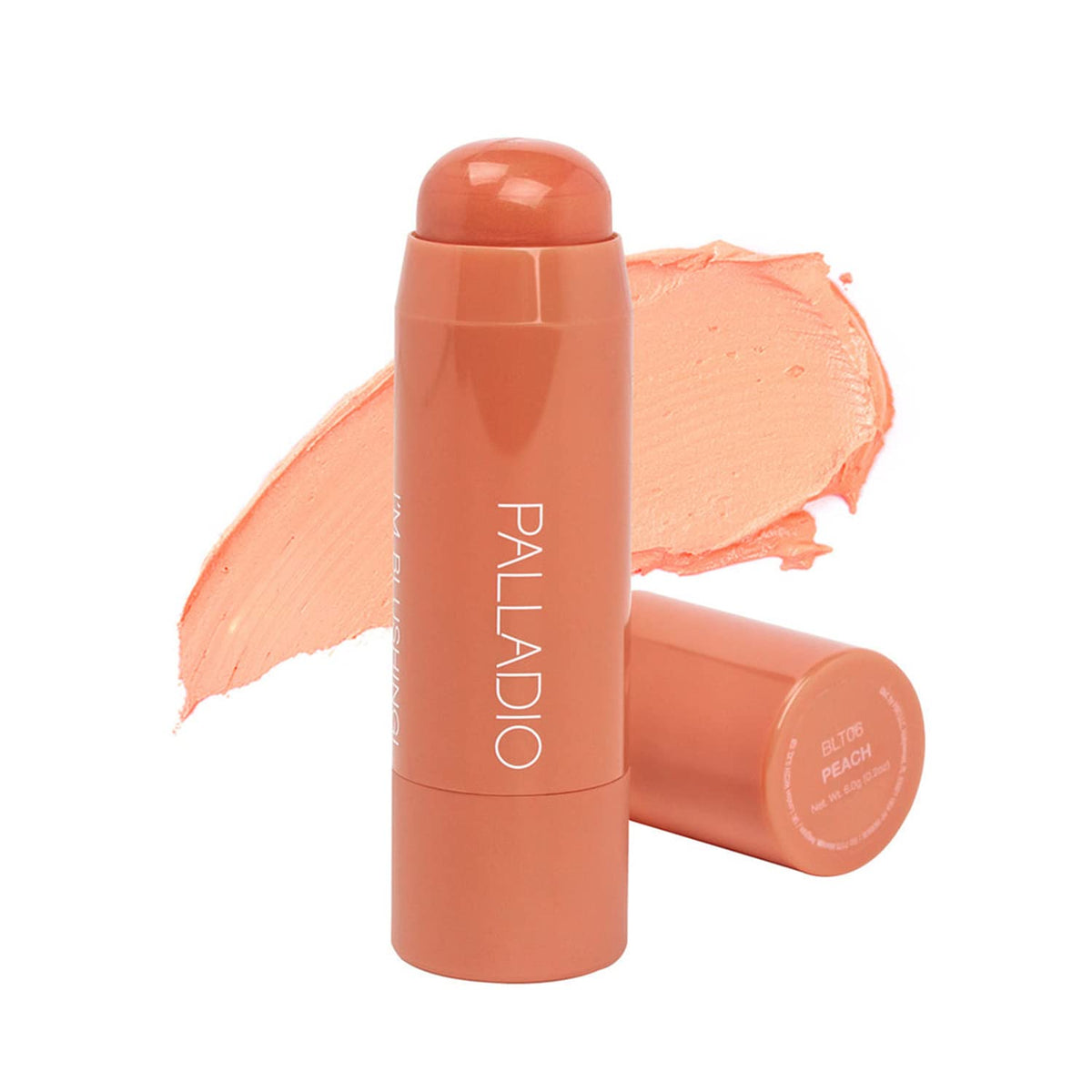 Palladio front packaging of peach multi stick showing compact design and portability
