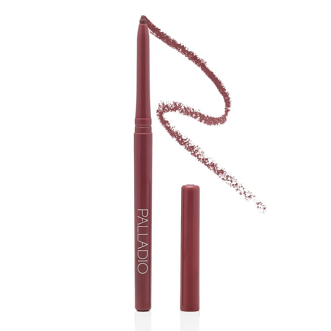 Palladio front packaging showing plum retractable lip liner and benefits