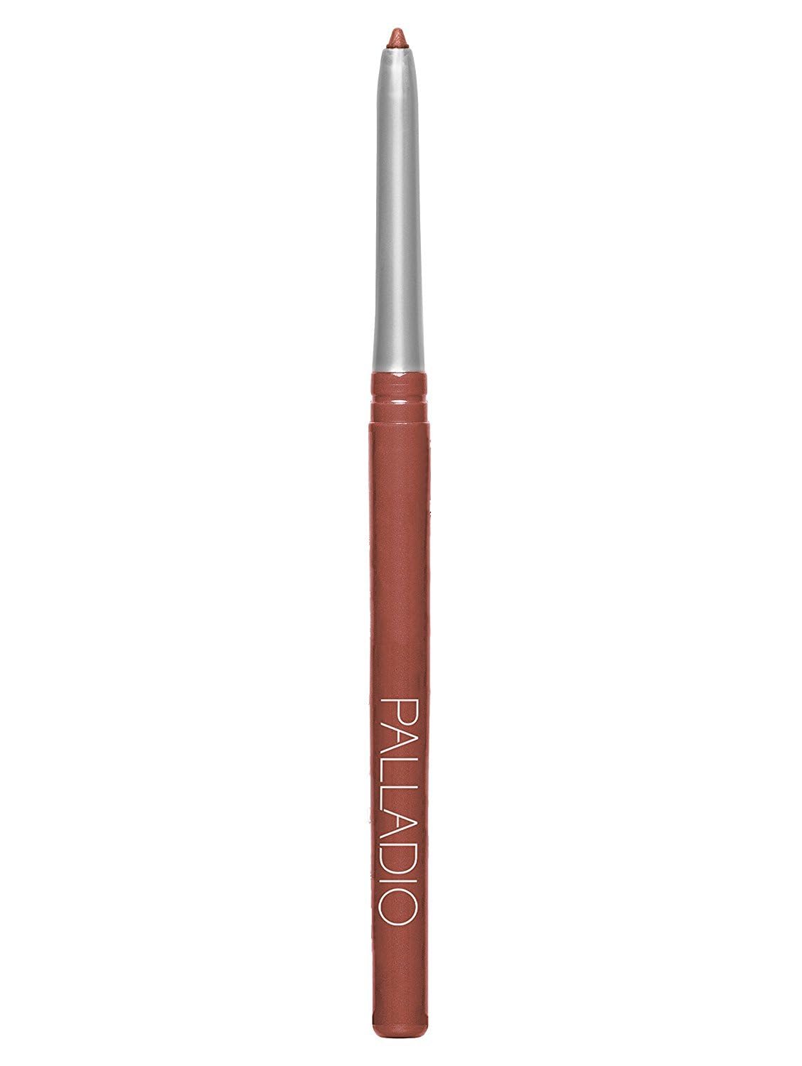 Palladio front packaging showing slim retractable lip liner and shade name Sand, clear storage benefit