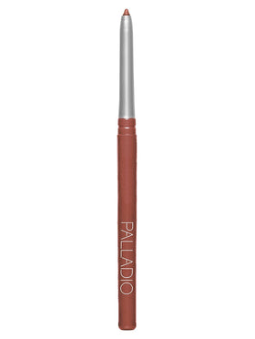 Palladio front packaging showing slim retractable lip liner and shade name Sand, clear storage benefit