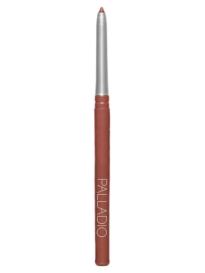 Palladio front packaging showing slim retractable lip liner and shade name Sand, clear storage benefit