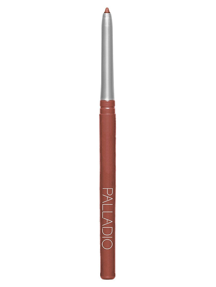 Palladio front packaging showing slim retractable lip liner and shade name Sand, clear storage benefit