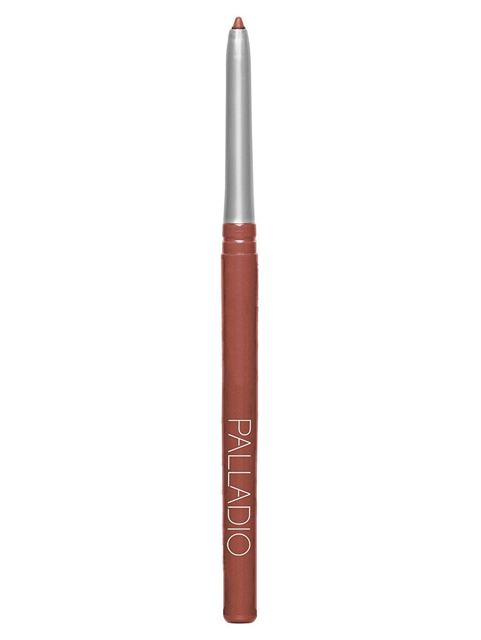 Palladio front packaging showing slim retractable lip liner and shade name Sand, clear storage benefit