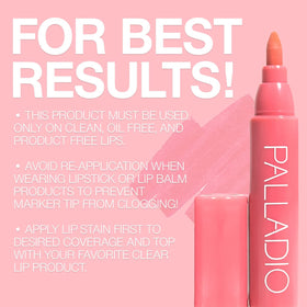 Palladio lip stain held in hand for scale to show compact travel-friendly size benefit.