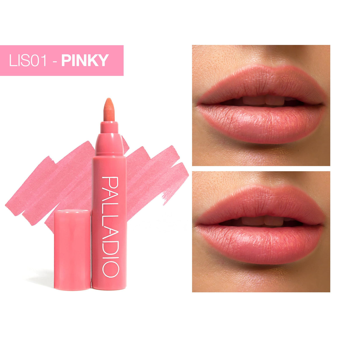 Palladio swatch on lips showing true pink color and long‑wear benefit
