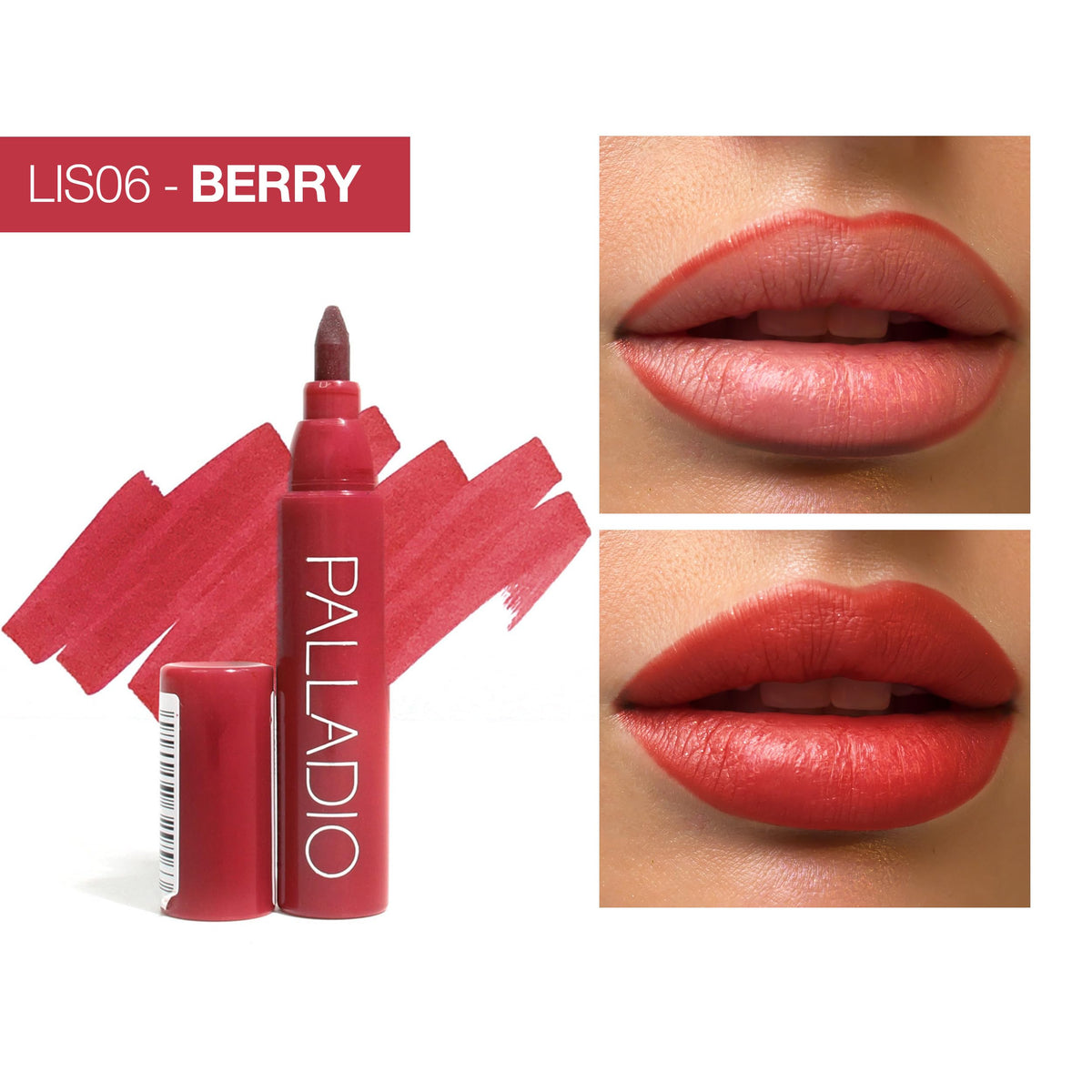 Palladio lip stain swatch texture demonstrating intense berry payoff