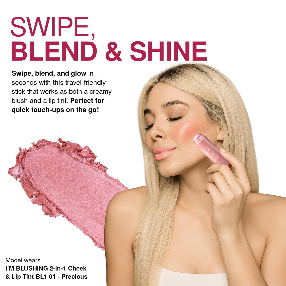 Palladio tint on lips showing Sweetheart shimmer and natural hydrated finish