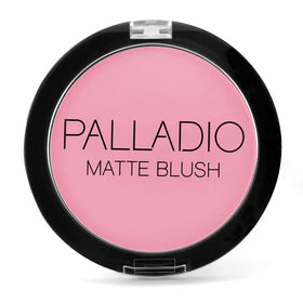 Lifestyle flatlay of Palladio Matte Blush with makeup tools for everyday use