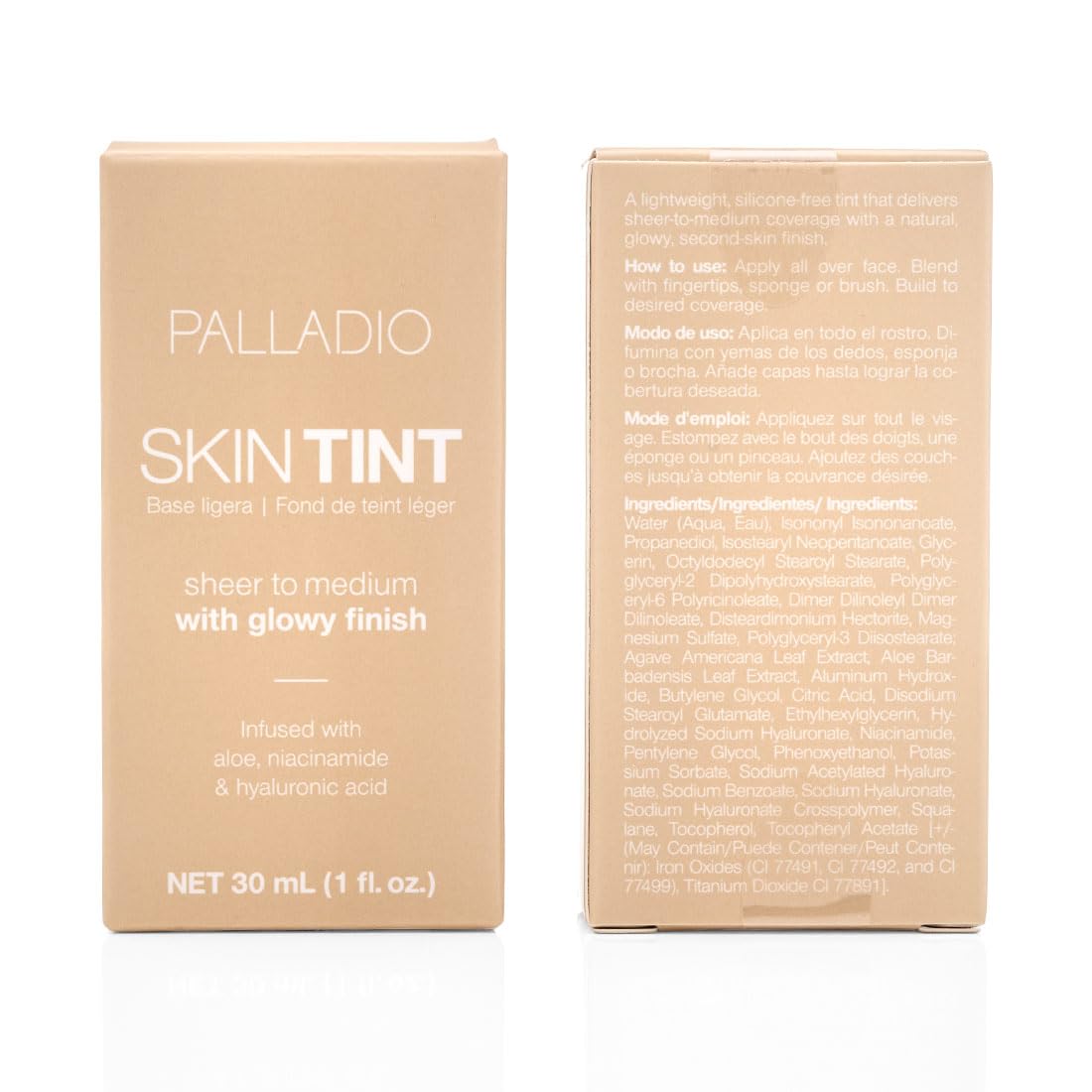 Close-up of skin finish after Palladio showing dewy, blurred texture