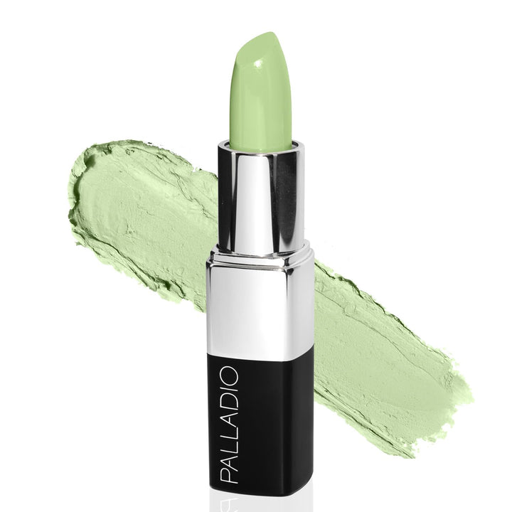 Palladio front view of green concealer stick showing twist-up applicator and cap, quick correction