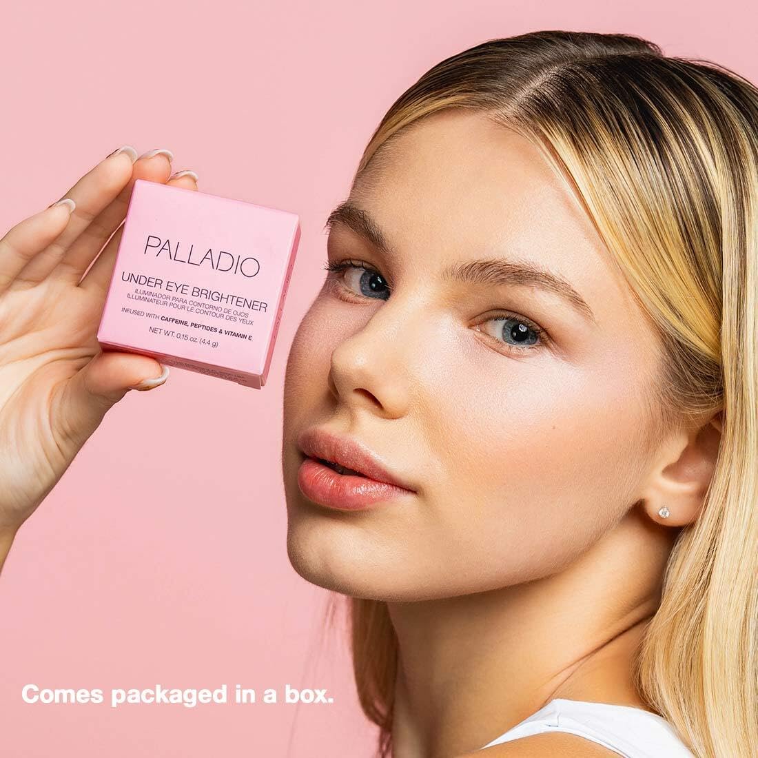 Palladio product with applicator demonstrating easy precise placement under-eye