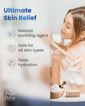 Palm and Plenty oatmeal dissolved in bath water delivering a milky soak for soothing comfort