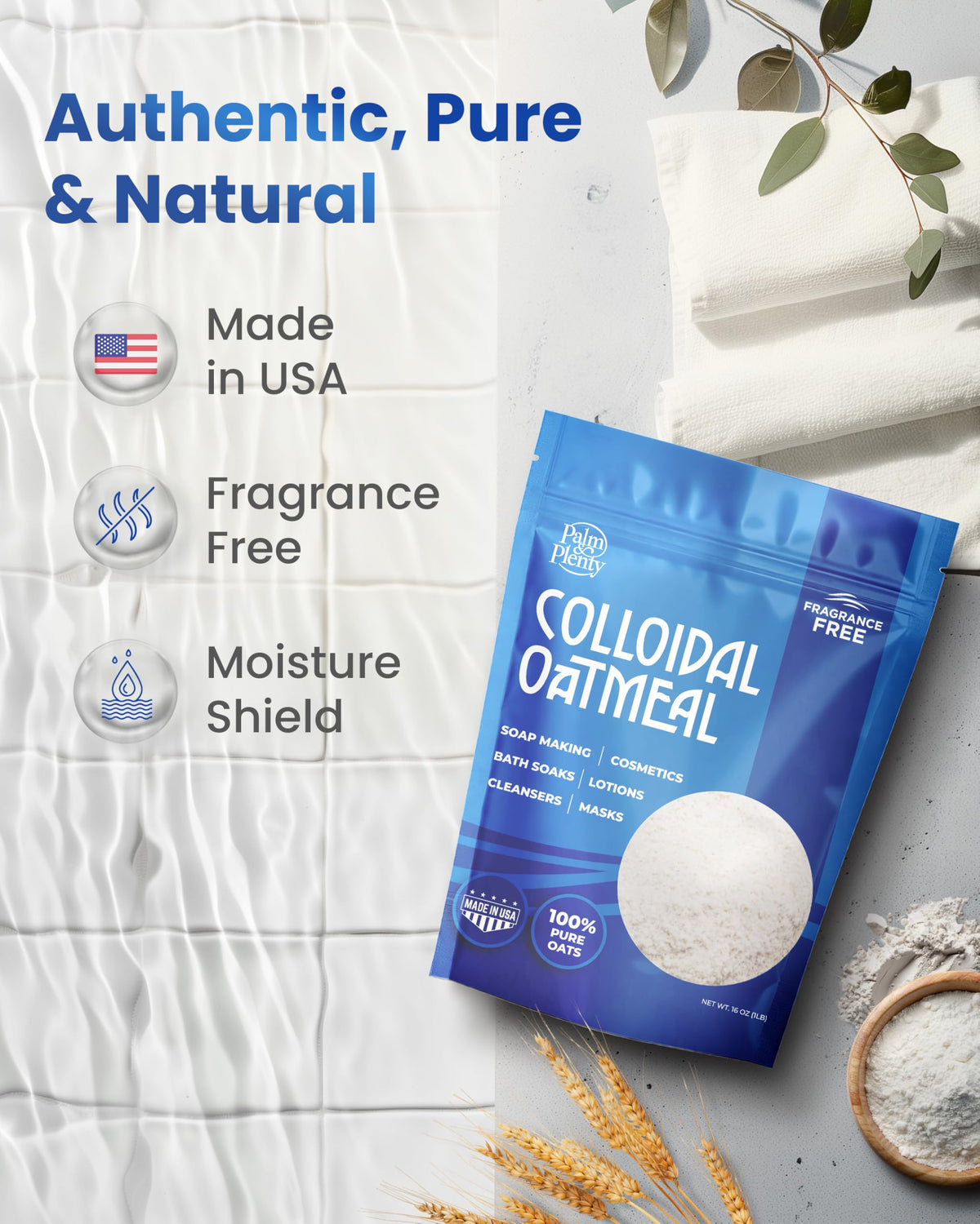 close-up fine texture of Palm and Plenty colloidal oatmeal highlighting smooth, easy-dissolving powder