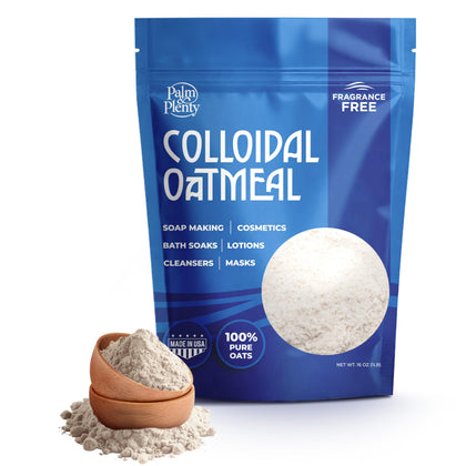 Palm and Plenty front packaging showing 16oz unscented colloidal oatmeal for gentle skin care