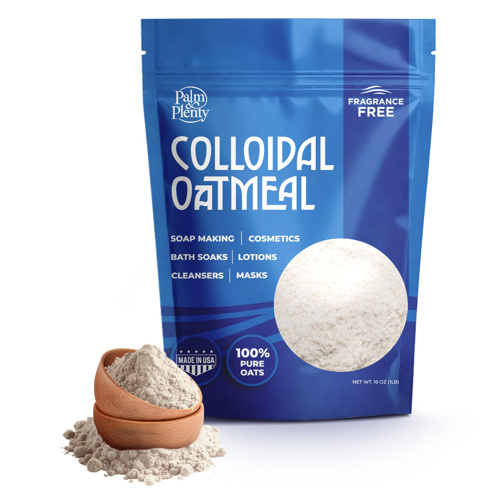 Palm and Plenty front packaging showing 16oz unscented colloidal oatmeal for gentle skin care