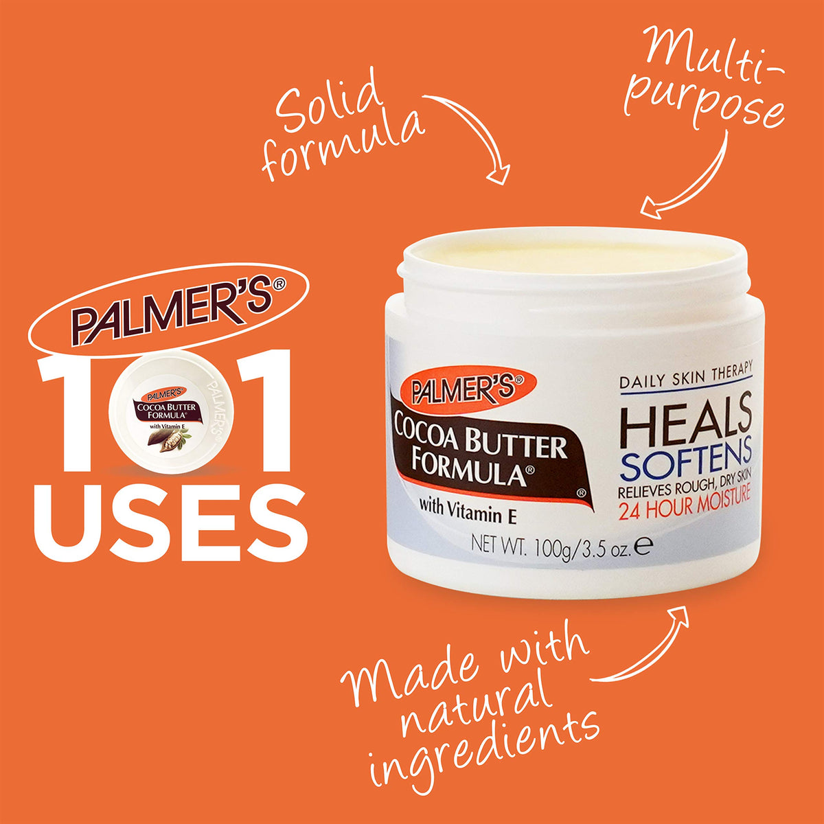 Palmer's balm next to a hand for clear size and portability benefit