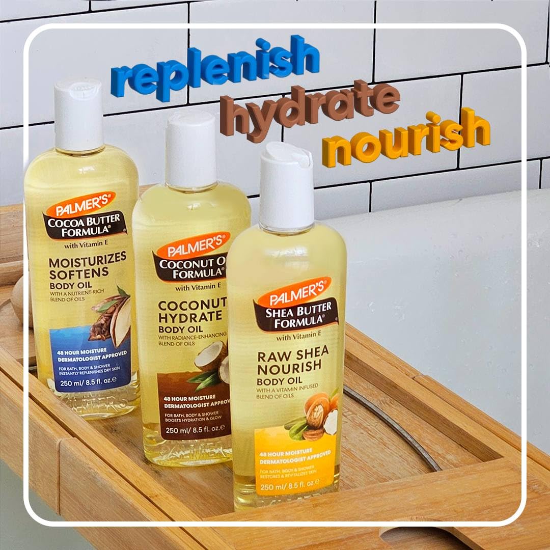 Palmer's body oils staged beside bathtub showing indulgent post-shower hydration