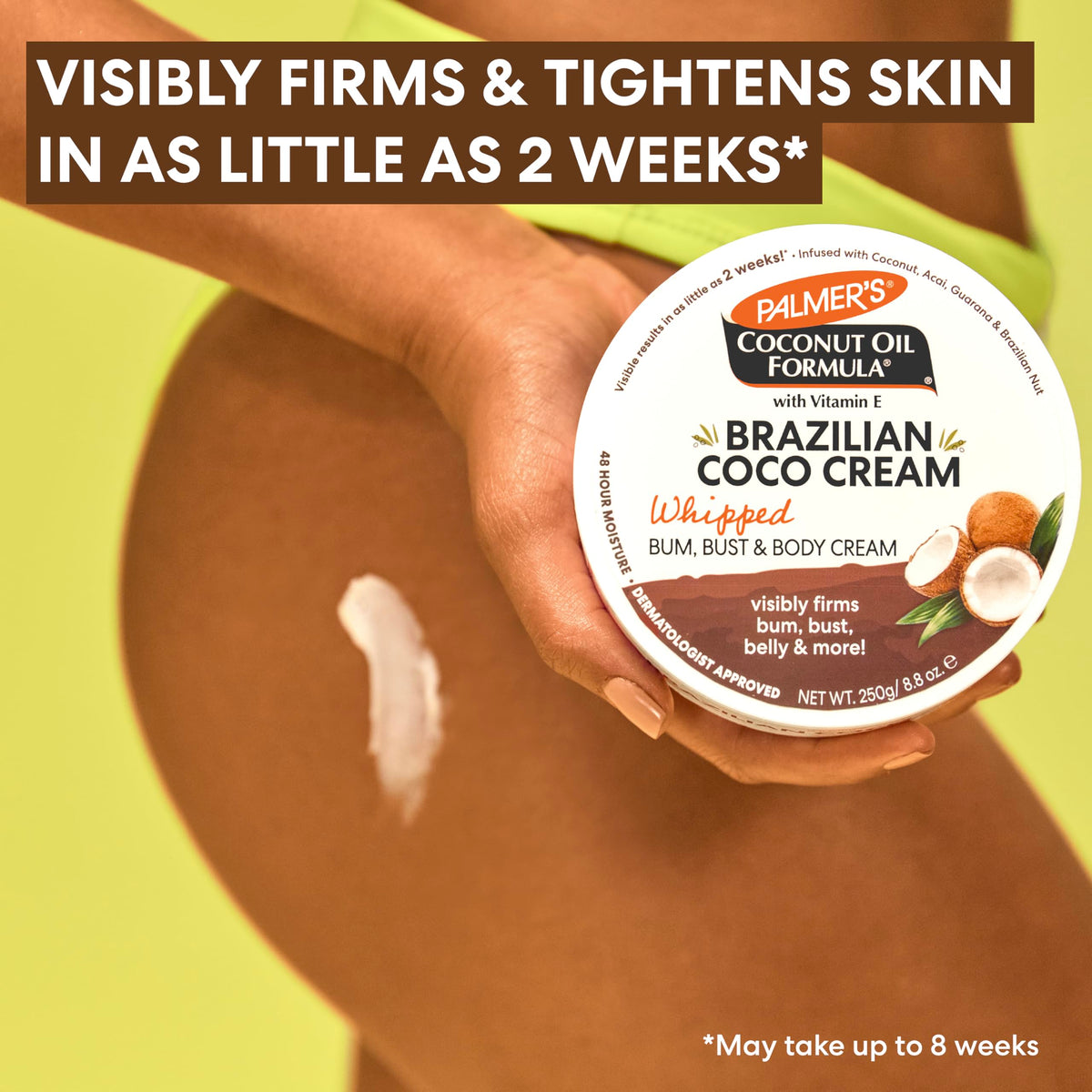 Palmer's open jar top view revealing whipped cream texture and moisturizing benefit