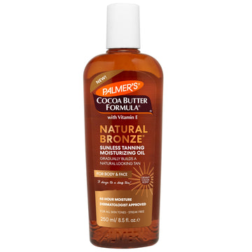 Palmer's front bottle view showing tanning oil and benefits