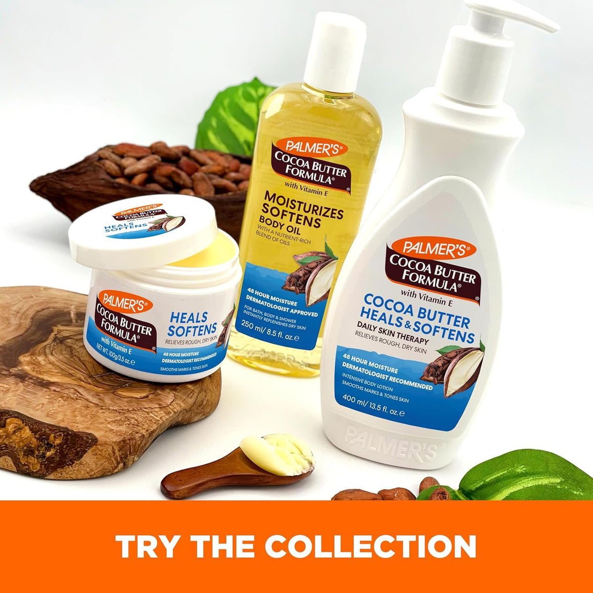 Palmer's cocoa butter and vitamin E ingredients displayed supporting moisturization