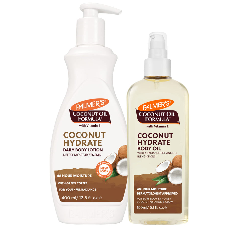 Palmer's front packaging showing both coconut lotion and oil, highlights value bundle benefit