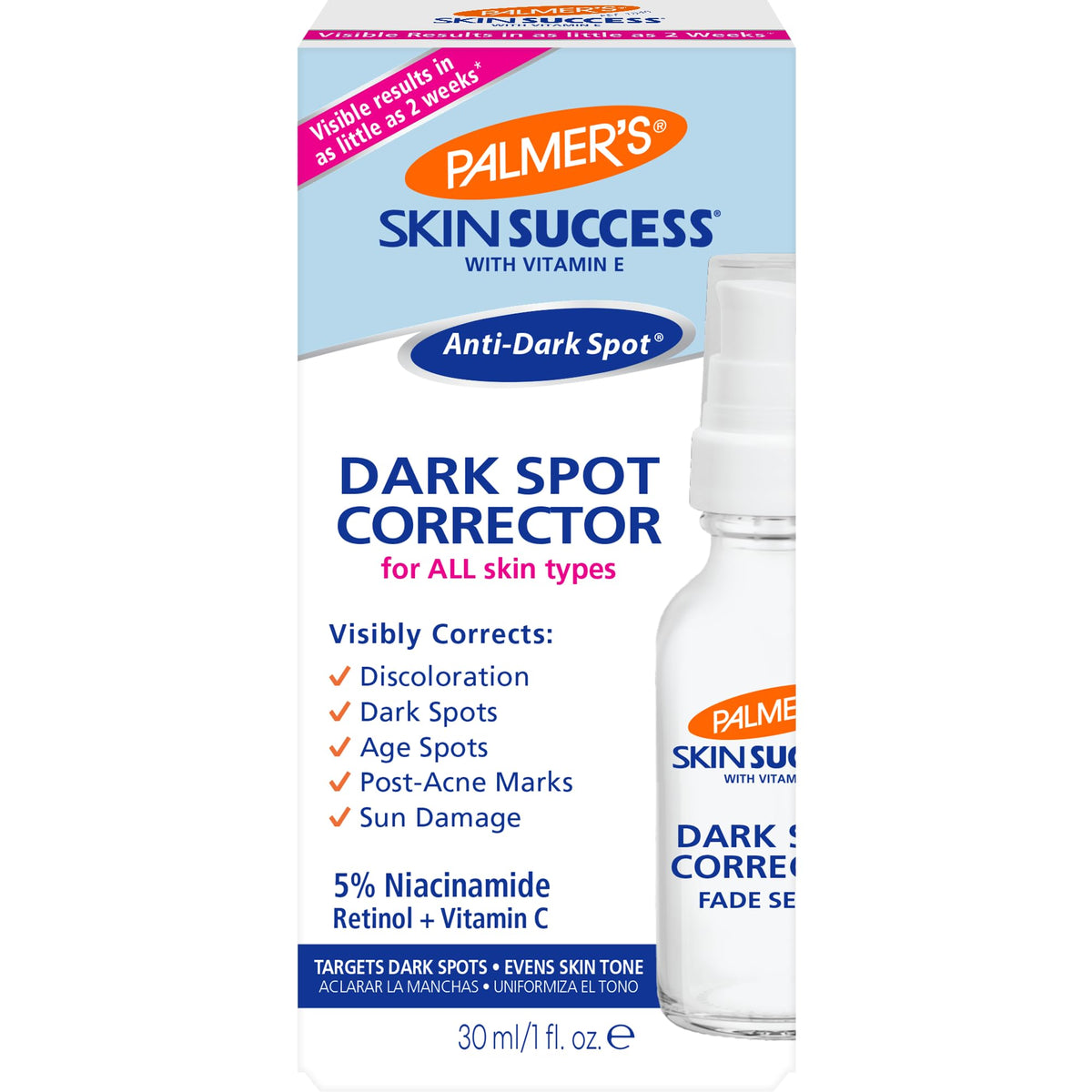 Palmer's bottle front view showing label and brightening serum benefits