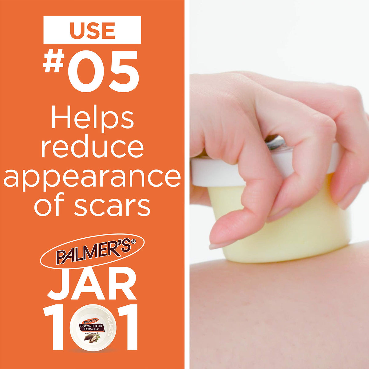 Palmer's label close-up listing cocoa butter and vitamin E benefits
