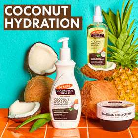 Palmer's cream beside beach towel lifestyle shot conveying tropical scent and summer-ready benefit