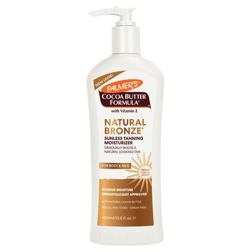 Palmer's bottle front packaging showing natural bronze gradual tanner benefits