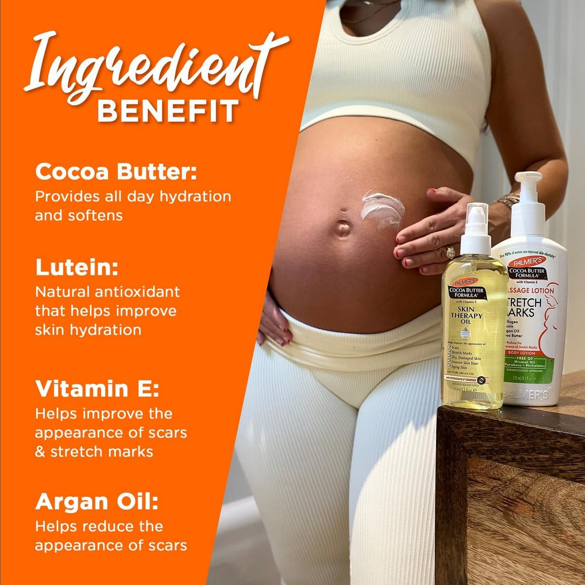 Palmer's oil bottle label detail displaying cocoa butter and vitamin E benefits