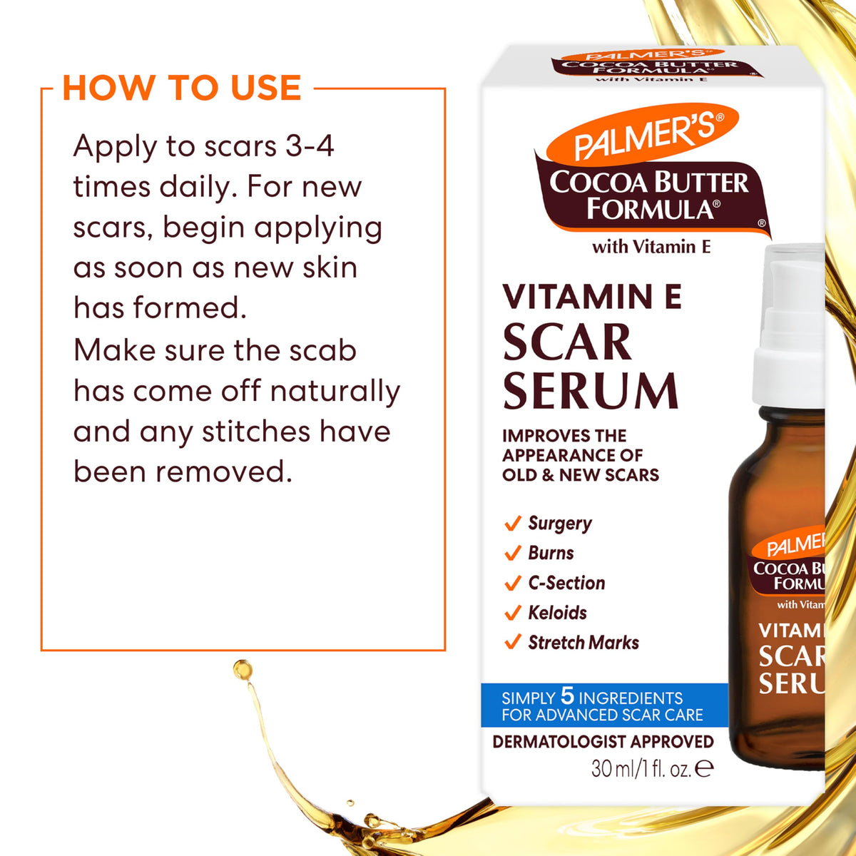 Palmer's scar serum rubbed into body scar area showing smoothing benefit