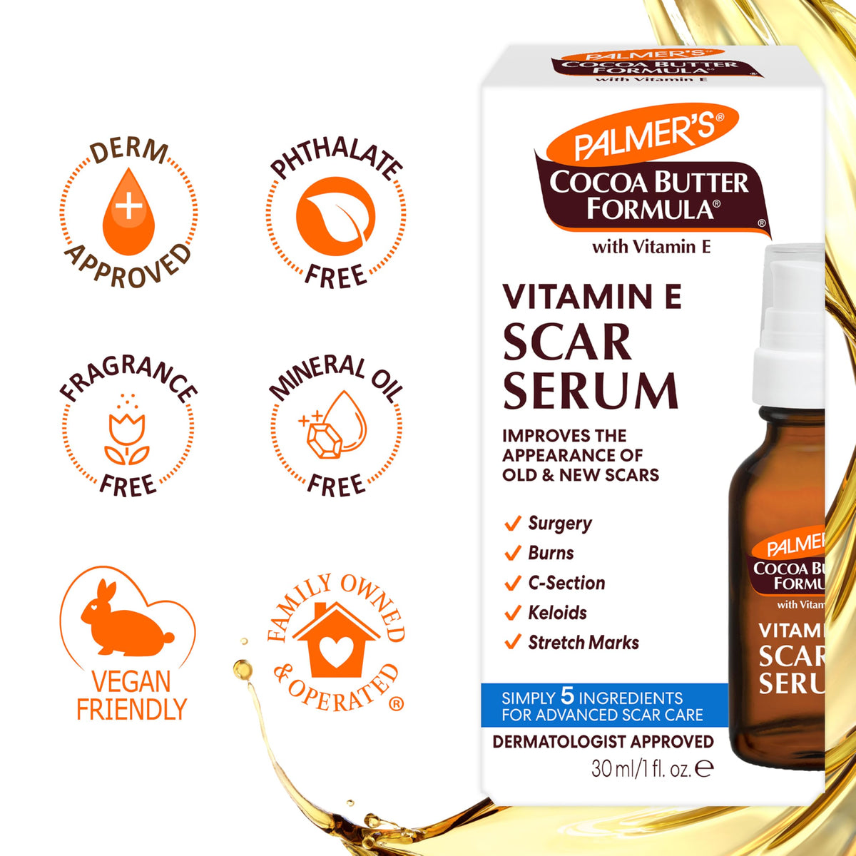 Palmer's scar serum next to ruler for scale showing 1 fl oz size