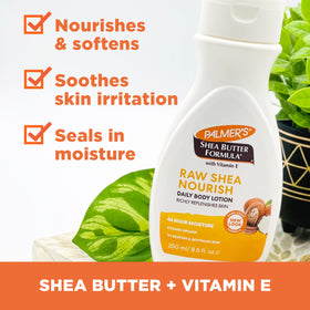 Palmer's shea butter lotion being applied to forearm to demonstrate soothing and softening effect