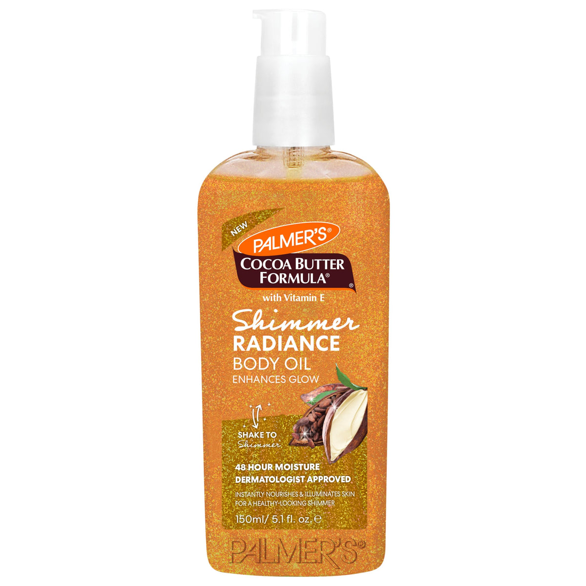 Palmer's front bottle showing shimmer body oil and radiant glow benefit
