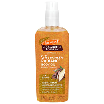 Palmer's front bottle showing shimmer body oil and radiant glow benefit