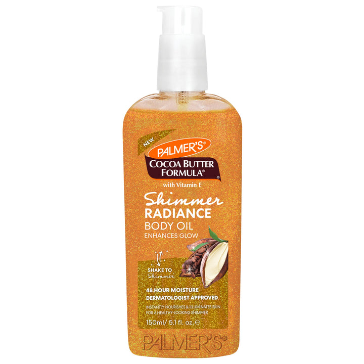 Palmer's front bottle showing shimmer body oil and radiant glow benefit