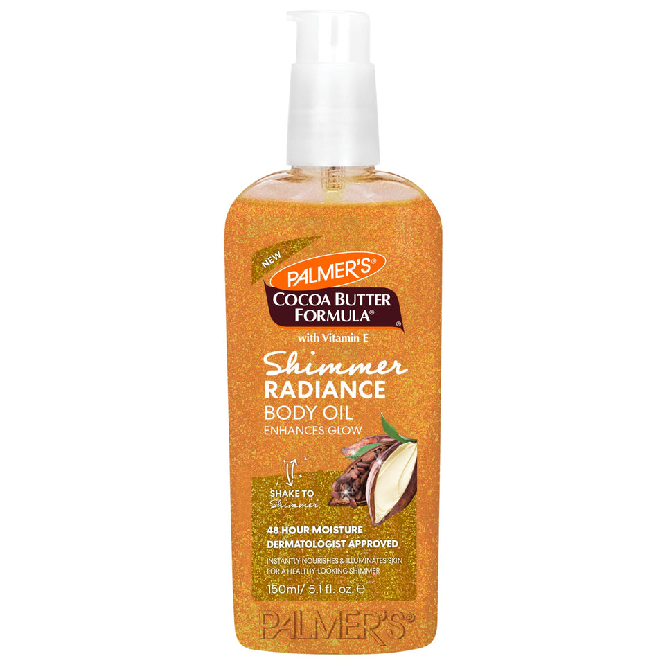Palmer's front bottle showing shimmer body oil and radiant glow benefit