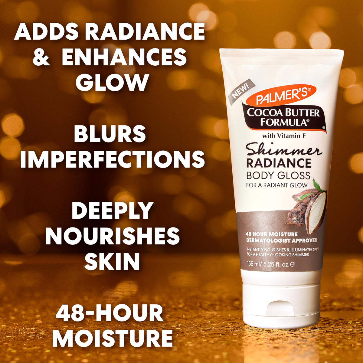 Palmer's arm swatch demonstrating shimmer effect and visible softening benefit