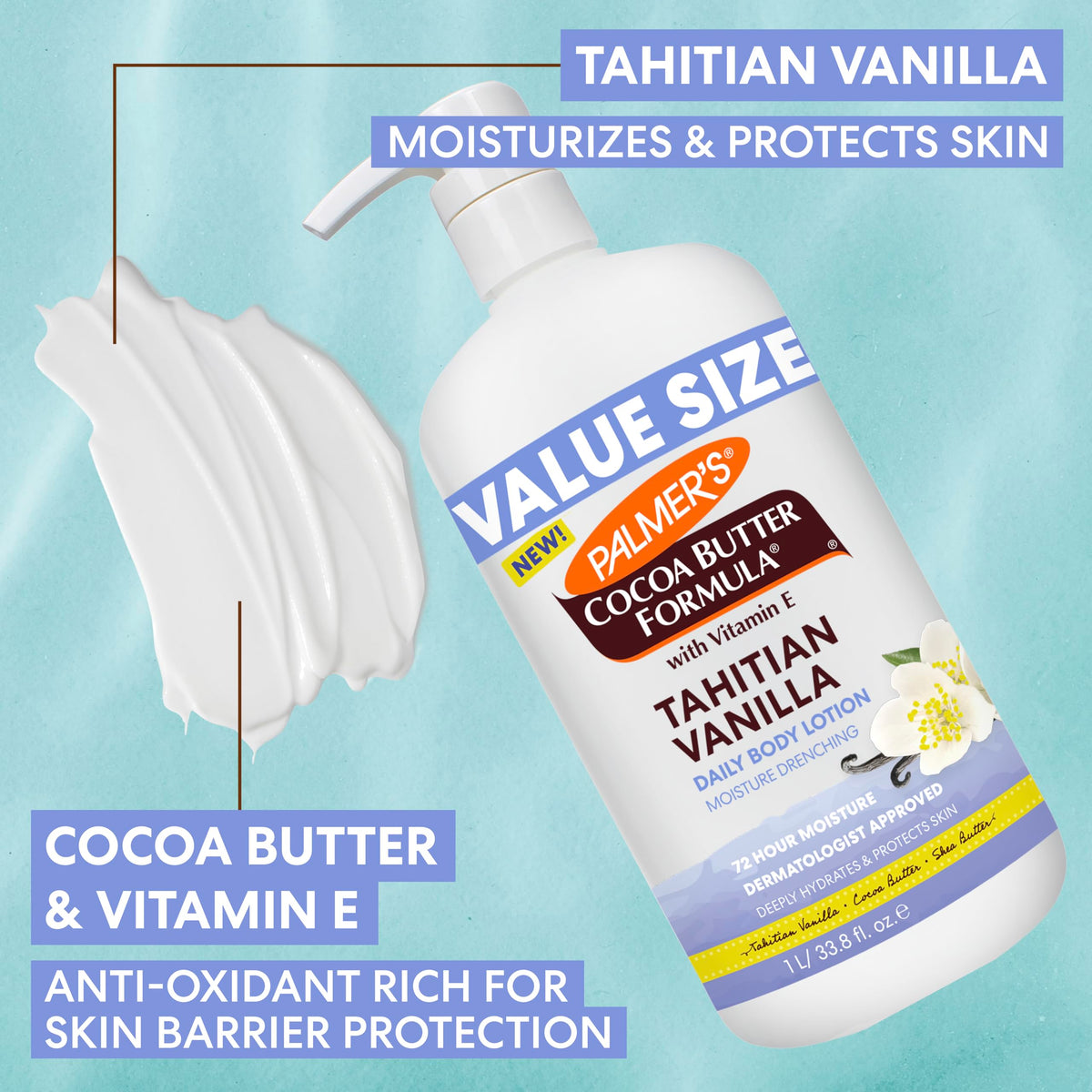 Palmer's ingredients label close-up showing cocoa butter, shea butter and vitamin E benefits